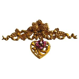 VTG Heart Dangle bar pin brooch Victorian Revival Brass Pearl Rhinestone Regency
